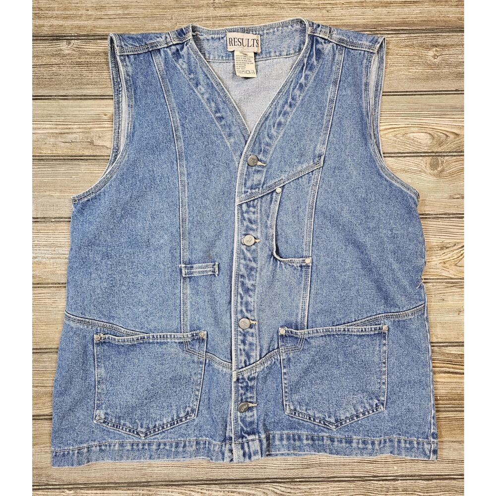 Vintage Results Jeans Vest Mens Med Blue Denim R Logo Button Western Retro